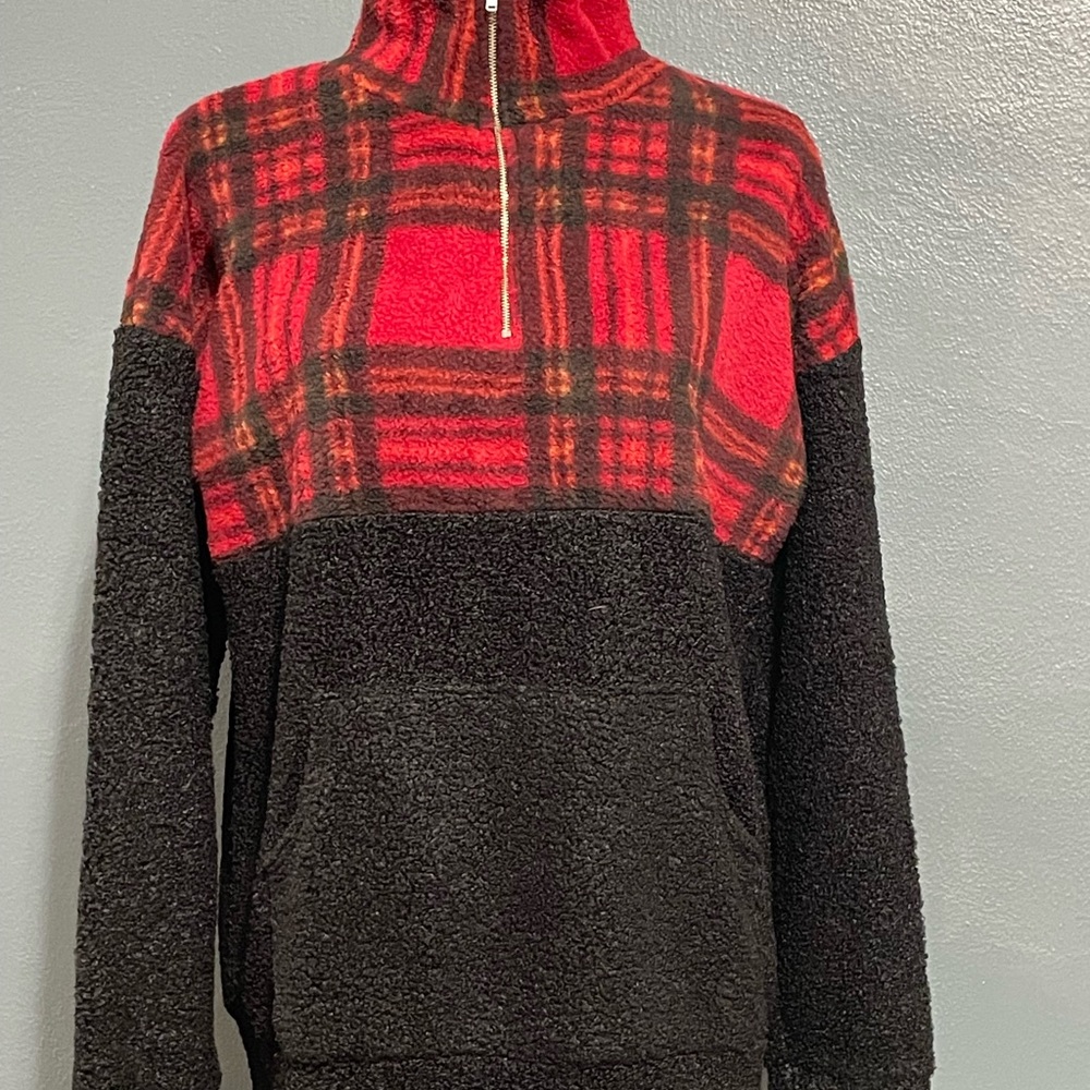 Women's Red Plaid Fleece 1/2 Zip Pullover Sweater